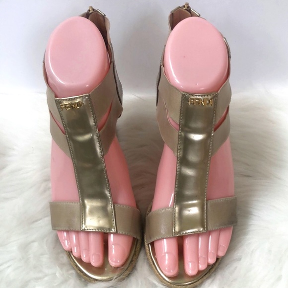 Fendi Women's Gold Carioca Patent Leather T-strap Wedge Sandals Size 35.5 w/ COA - Picture 3 of 12